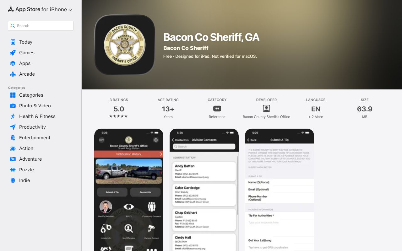 Bacon County inmate records Apple sheriff app